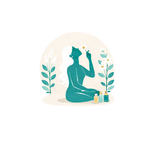 Illustration d'une femme avec une tête de lion, assise parmi des plantes, tenant une fleur, avec plusieurs flacons de produits cosmétiques devant elle.