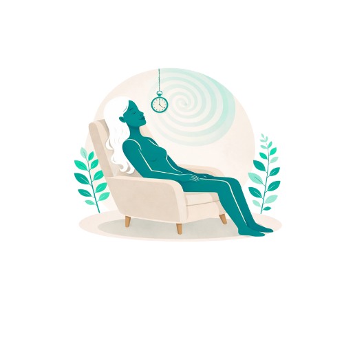 Une femme relaxante assise dans un fauteuil, entourée de plantes, avec un fond représentant un motif en spirale et une horloge suspendue au plafond.