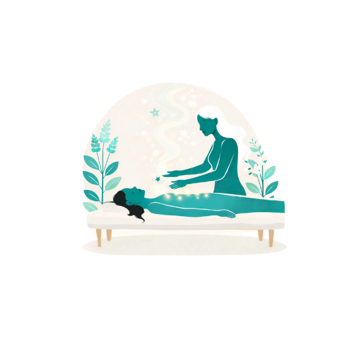 Une illustration de deux femmes dans une scène de guérison ou de relaxation, avec des plantes et des étoiles en arrière-plan.