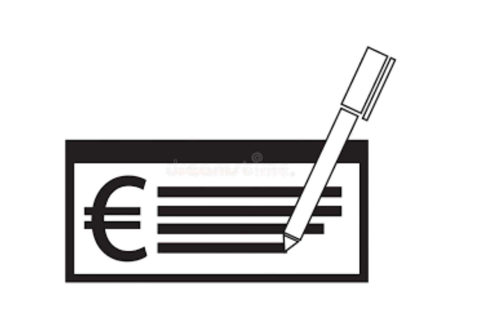 Une illustration d'un chèque avec un symbole euro, un stylo noir et une bande blanche avec des chiffres rouges.