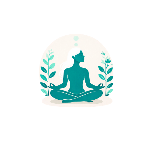 Une illustration d'une femme en position de méditation en tailleur, assise avec les yeux fermés, entourée de deux plantes vertes et avec un fond blanc.