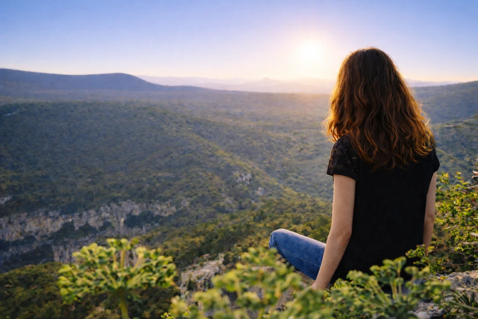 Une femme aux cheveux bouclés assise sur un rocher, contemplant un paysage de montagnes verdoyantes pendant un coucher de soleil.