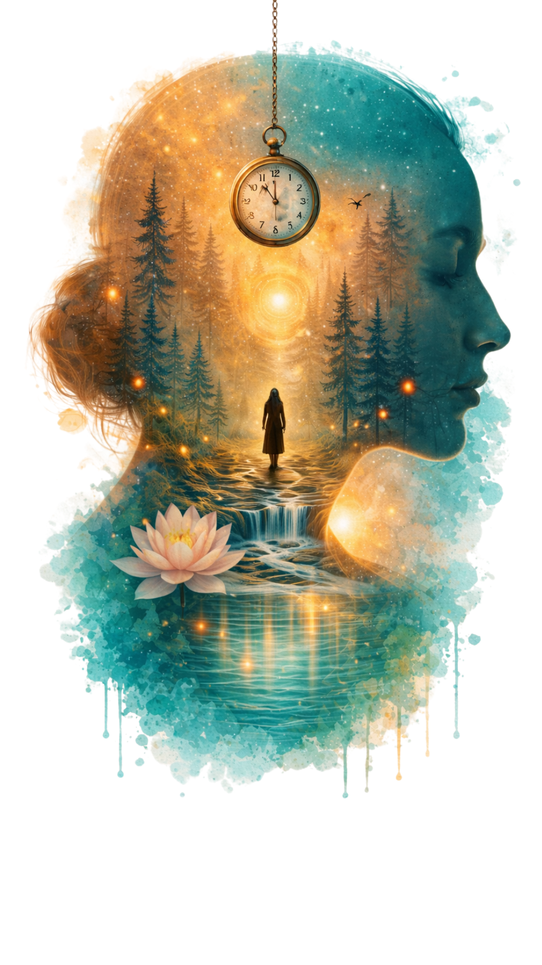 Un montage illustrant une silhouette de visage féminin avec un paysage intérieur comprenant une forêt, une femme marchant sur une rivière, un lotus, et un ciel étoilé, avec une horloge suspendue.