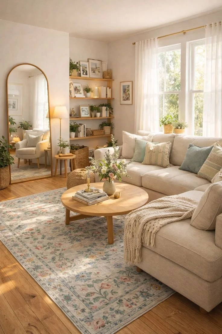 Bright living room with a beige sofa, wooden coffee table with flowers and books, large window with white curtains, wall shelves with photo frames and plants, mirror, and a cozy armchair reflected in the mirror.