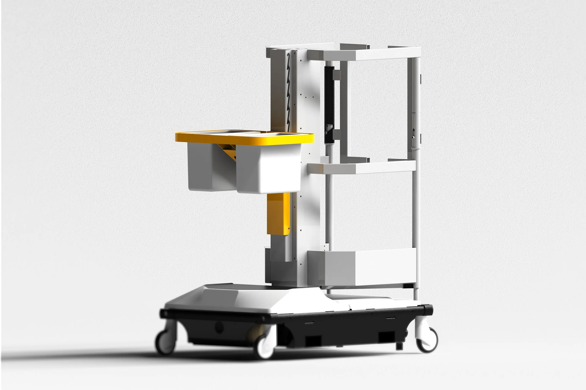 Medical lift cart with a yellow and gray platform, white frame, and wheels, used as a safer alternative to ladders