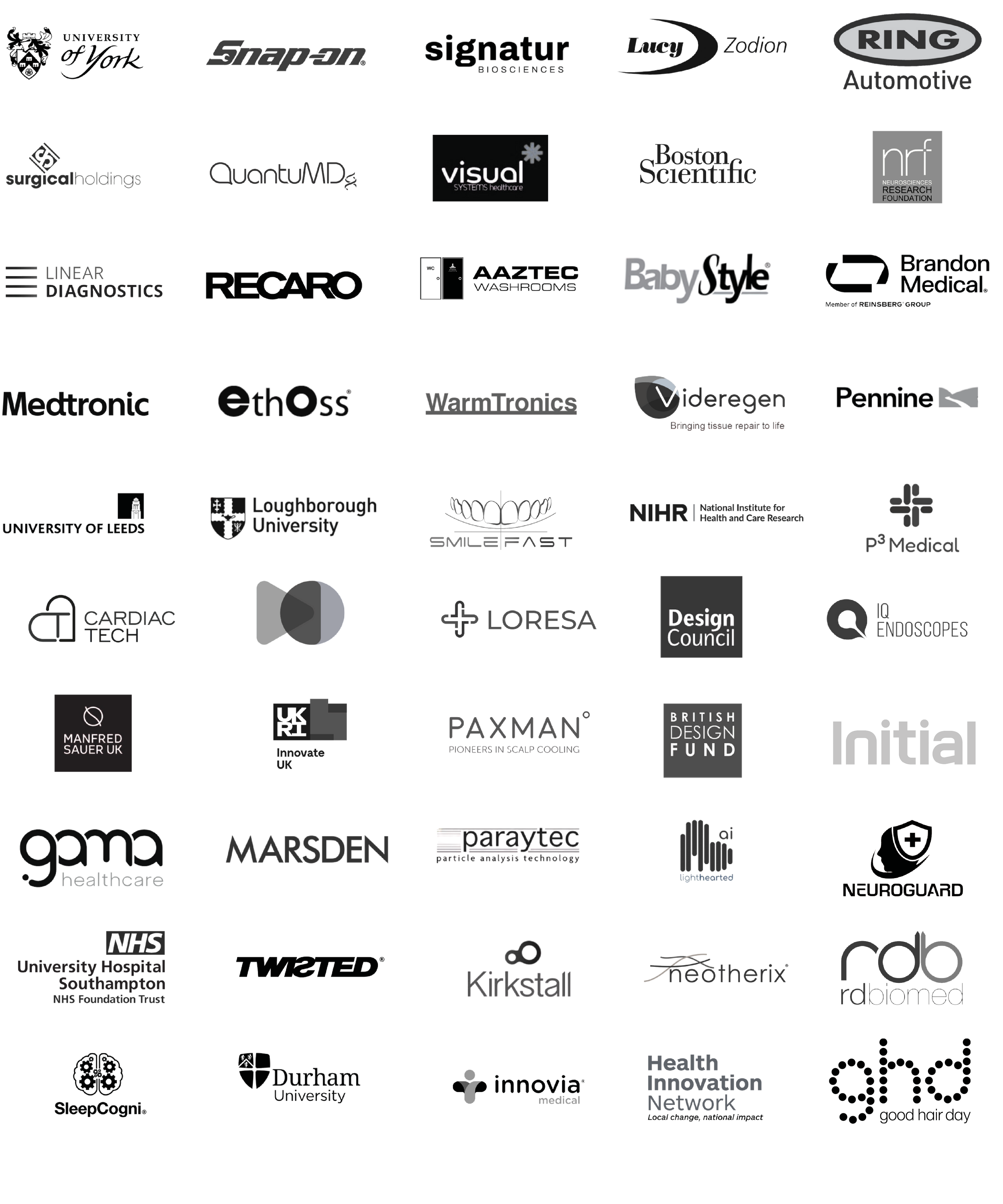 A collage featuring numerous healthcare, technology, and university logos arranged in horizontal rows.