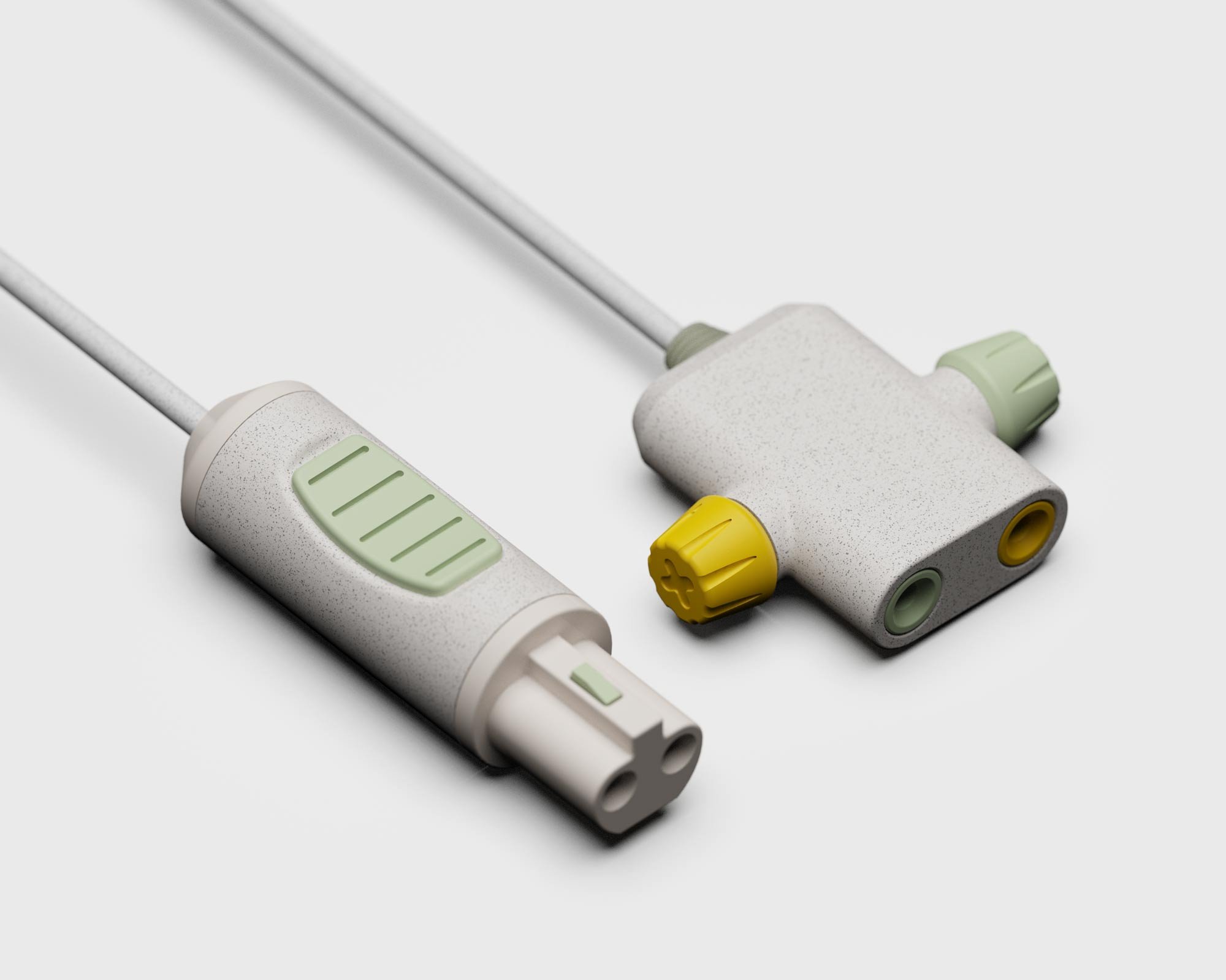 Medical device with white textured body, green, yellow, and gray adjustment knobs, and cylindrical connector.