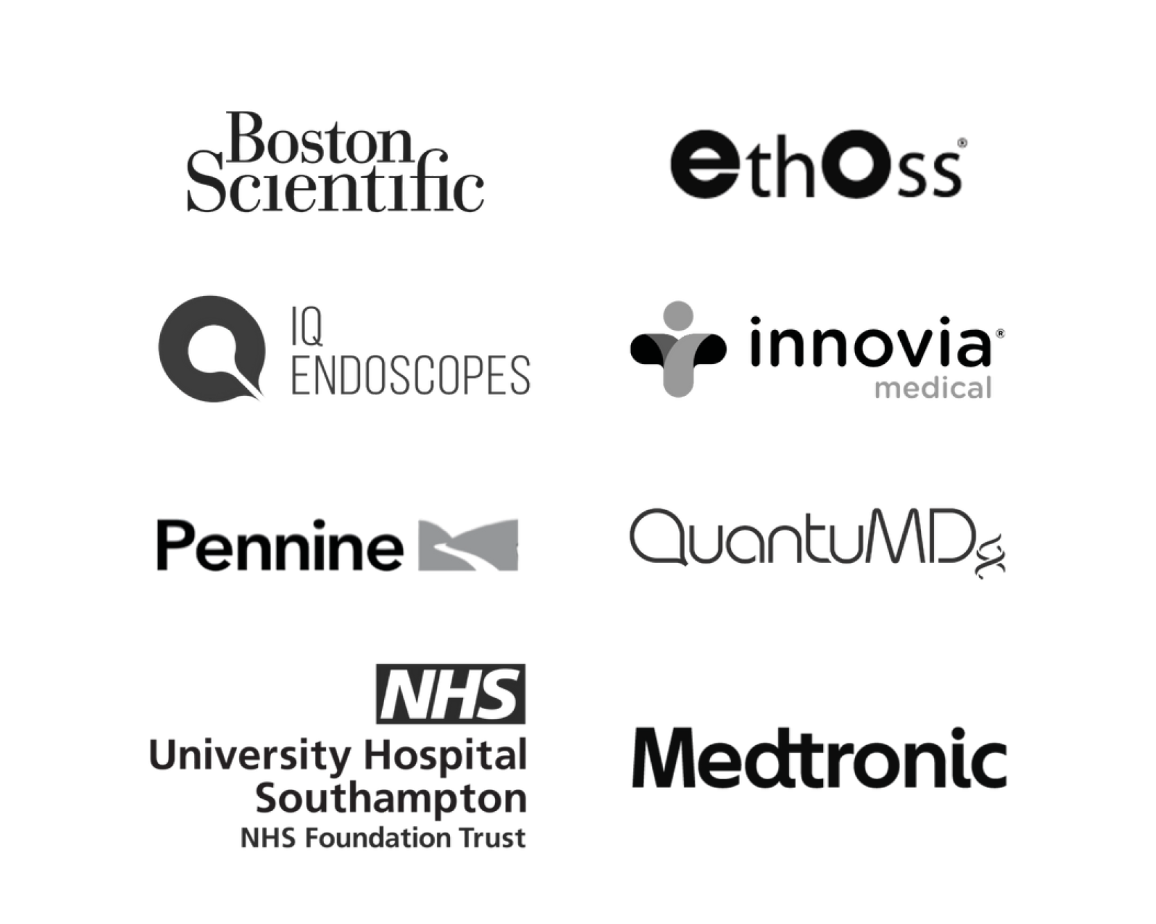 Collection of logos for various medical, scientific, and healthcare organizations, including Boston Scientific, Ethoss, IQ Endoscopes, Innova Medical, Pennine, QuantumMD, NHS University Hospital Southampton, and Medtronic.