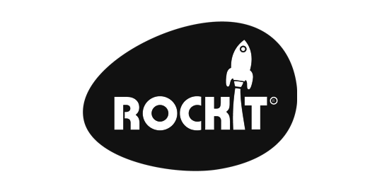 Black and white logo of RockIt with a stylized rocket.