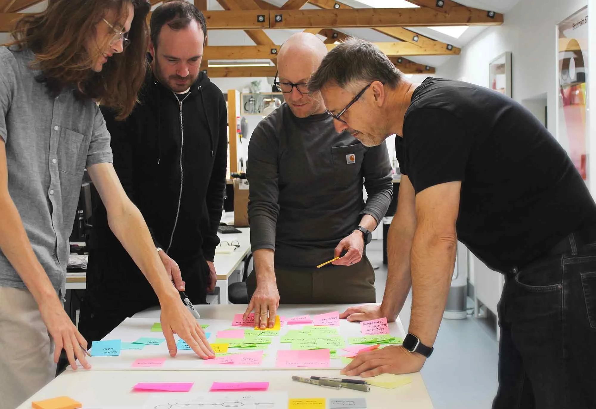 Group of five people gathered around a table with colorful sticky notes, engaging in a collaborative brainstorming session in an indoor office setting.