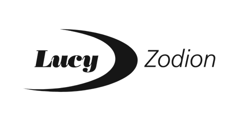Lucy Zodion logo with black text and a black swoosh on a white background.