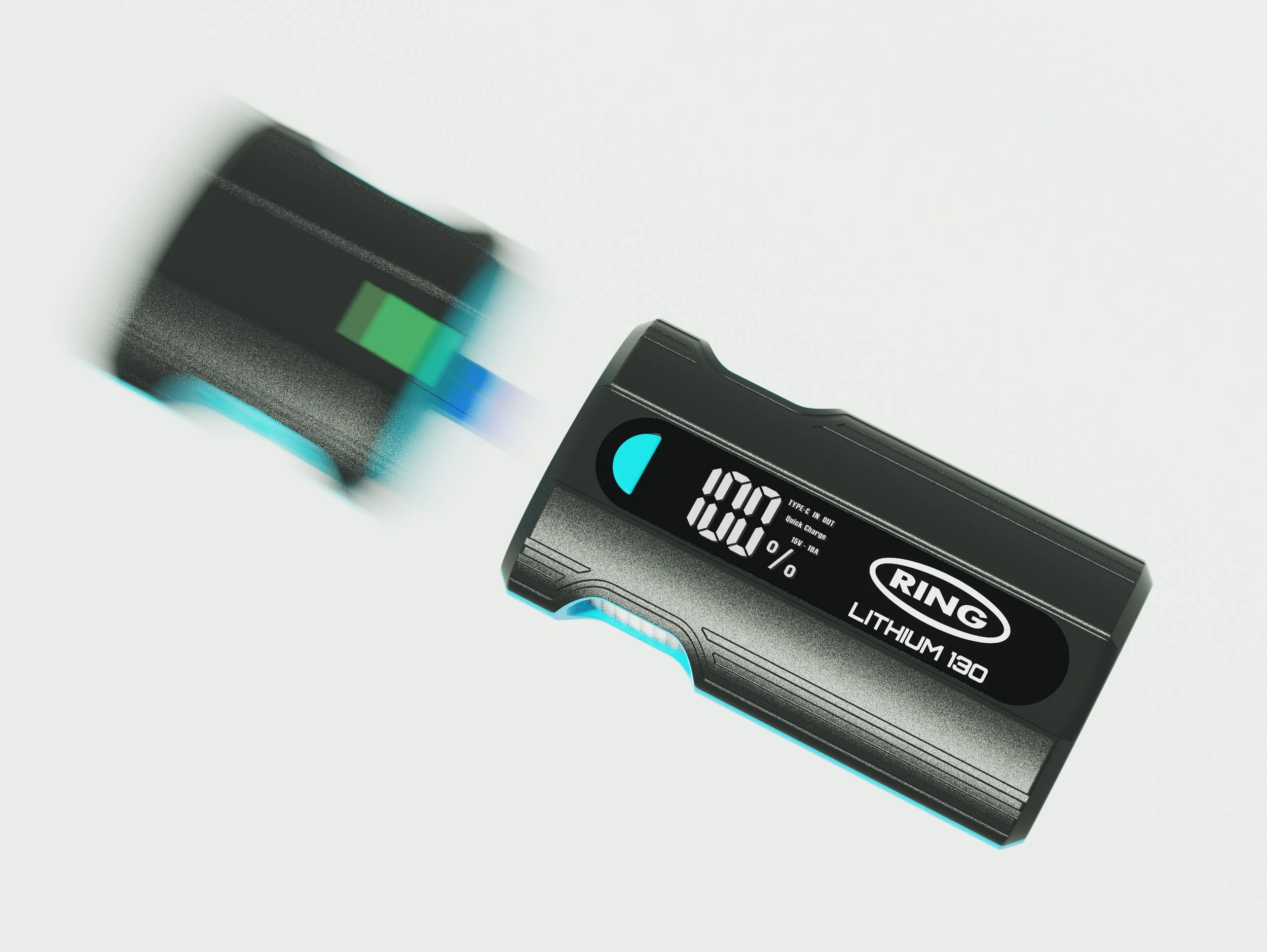 A digital display of a black lithium 130 battery showing 100%, with a blurred perspective of another battery in motion.