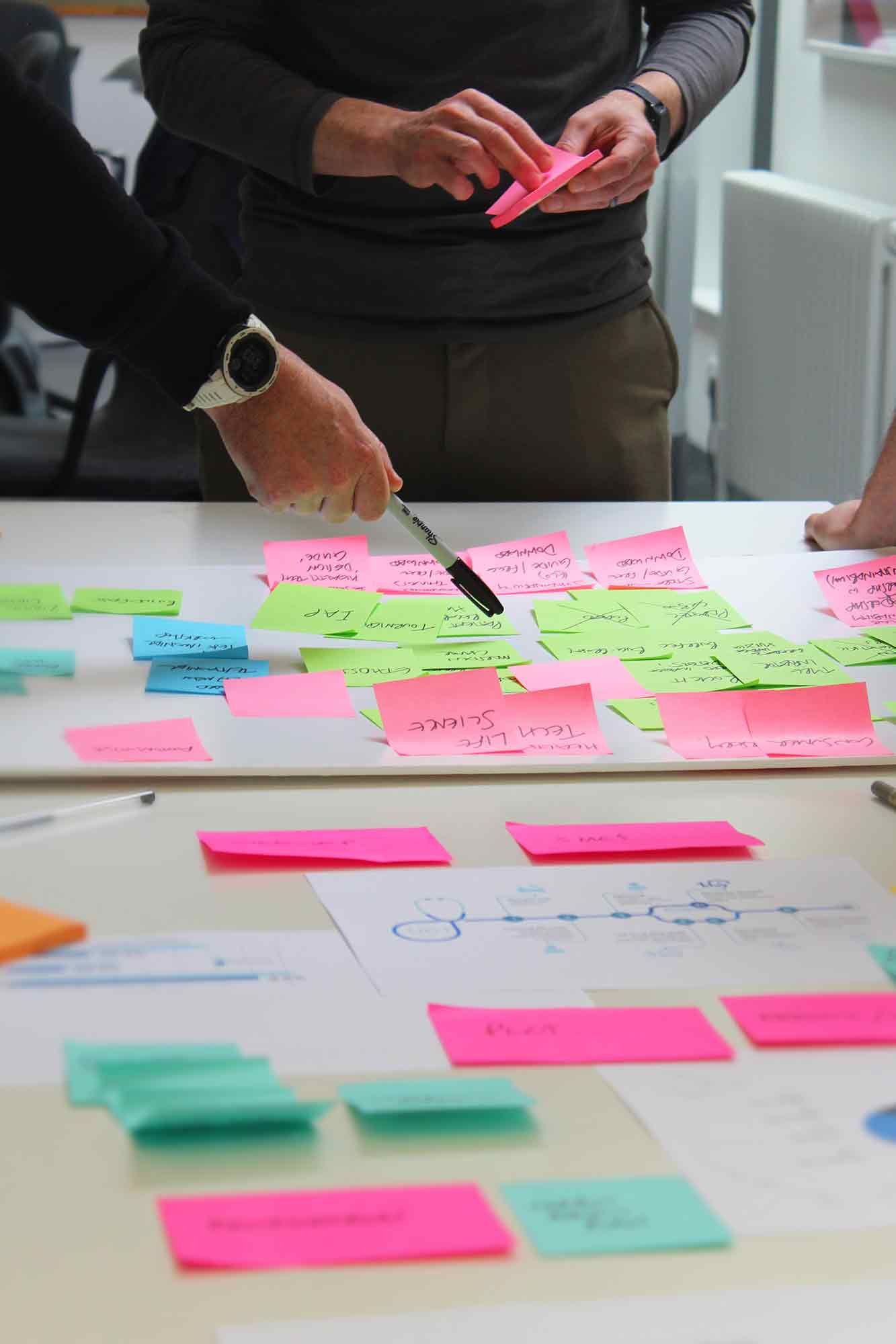 People working on a project with colorful sticky notes on a white table.