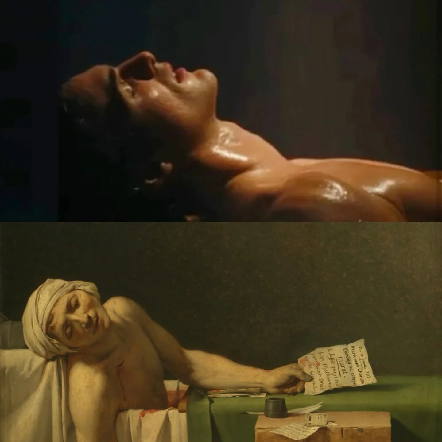 Fine art 🖼️ in pop culture 🛁 

Saltburn 
#jacobelordi 
Jacques-Louis David, The Death of Marat
