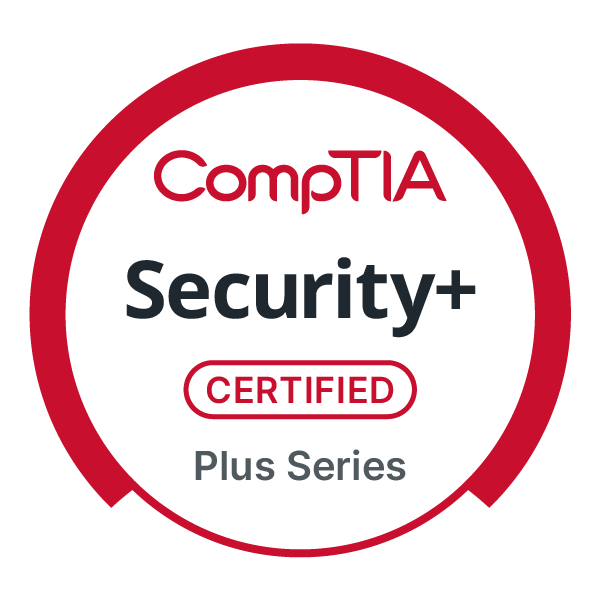 CompTIA Security+ Zertifizierungslogo, Plus Series, roter und weißer Kreis, Zertifikatszeichen.