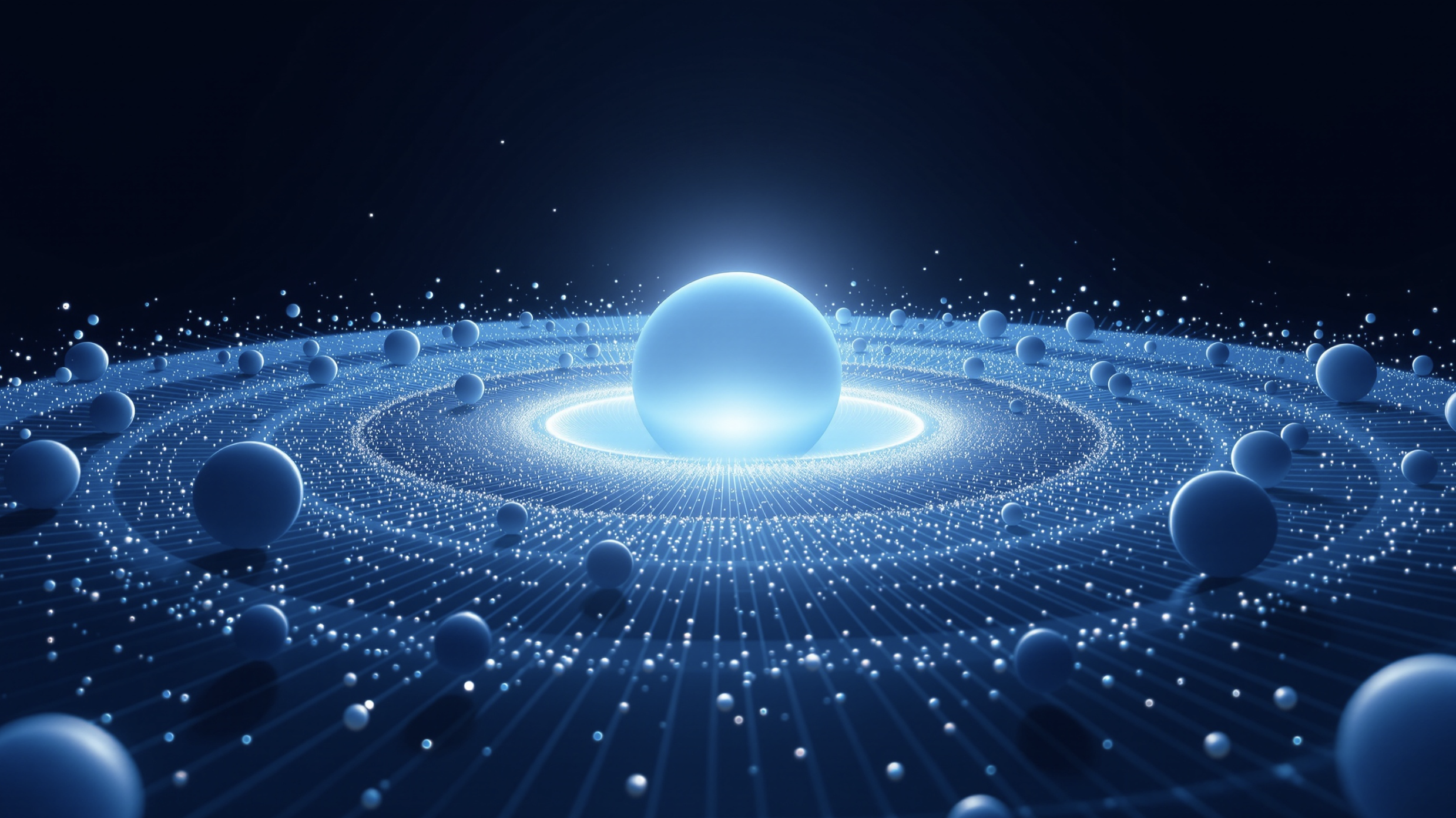 Ein leuchtender blauer Planet in der Mitte auf einer digital wirkenden Oberfläche mit vielen kleineren blauen Kugeln und Lichtern, die Umlaufbahnen bilden.