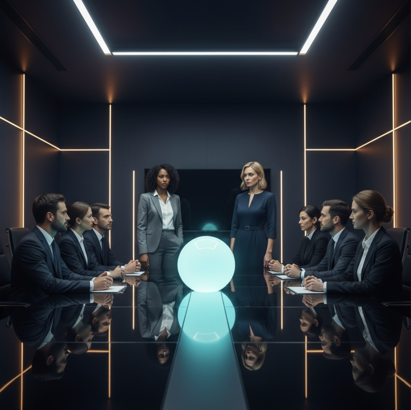 Geschäftsleute in einem modernen Konferenzraum, zwei Frauen stehen, während sechs weitere sitzen und Notizen machen.