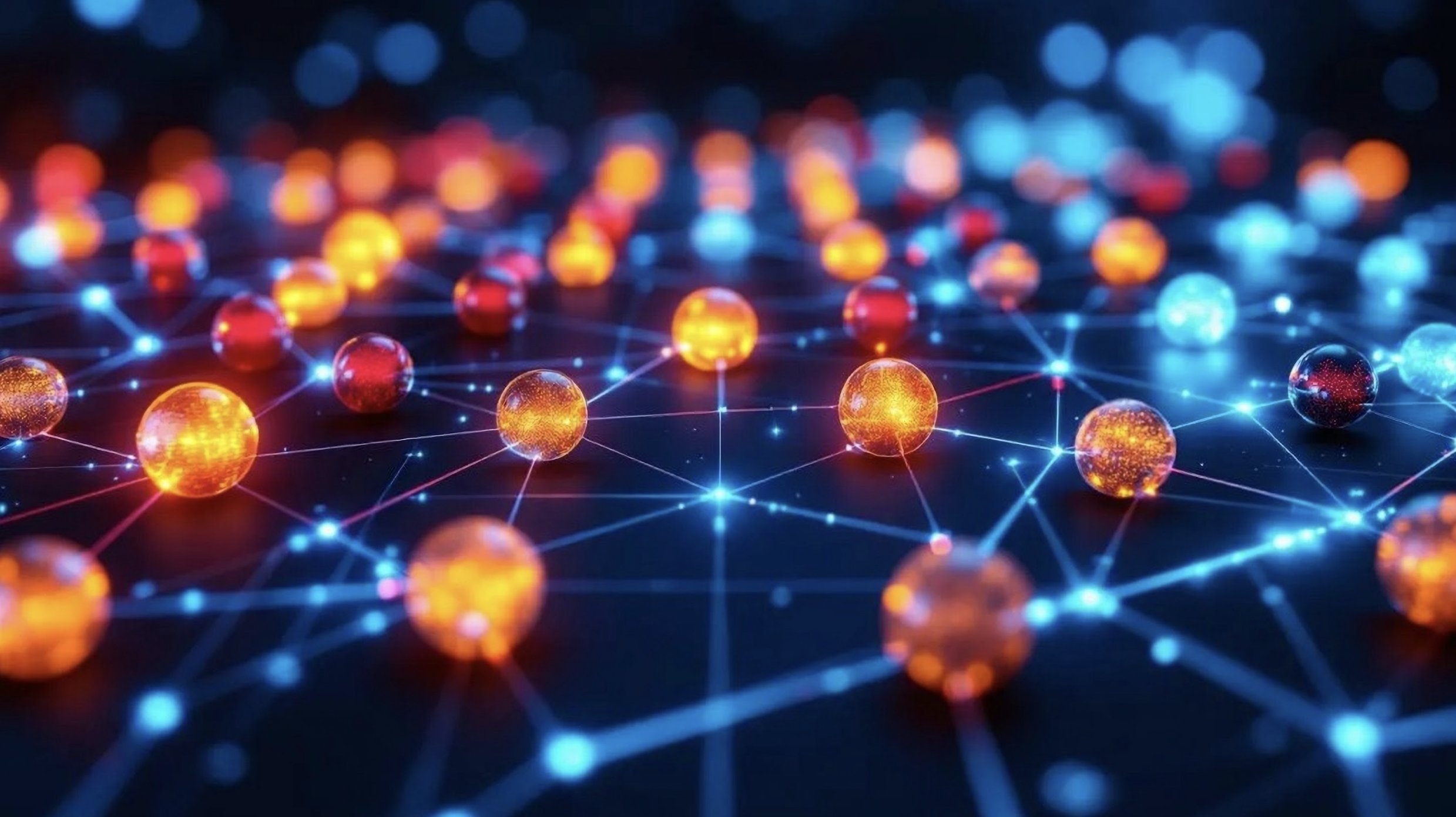Visualisierung eines digitalen Netzwerks mit leuchtenden, bunten Knotenpunkten und verbindenden Linien auf dunklem Hintergrund.