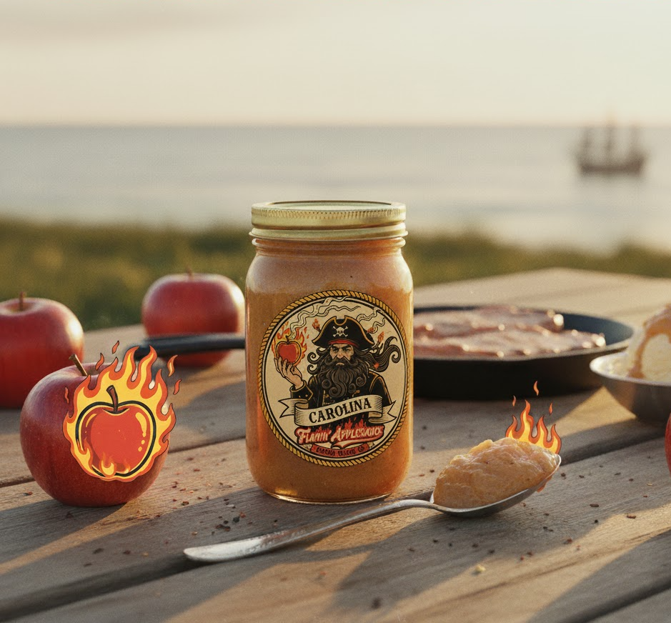 A jar labeled "Carolina Flame" spicy peach preserves on a picnic table outdoors near the water, with apples, a plate of sliced meats, and a bowl of potato salad, under warm sunlight.