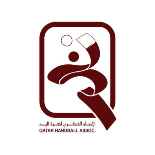 Logo of Qatar Handball Association featuring a stylized handball player holding a ball with Arabic and English text.