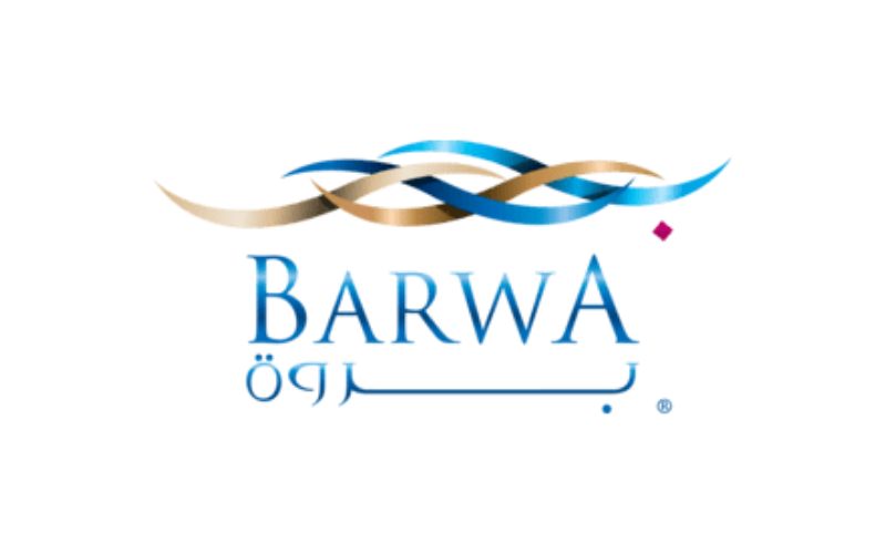 Logo with the word 'BARWA' and Arabic script below, featuring wavy gold, blue, and beige lines above.