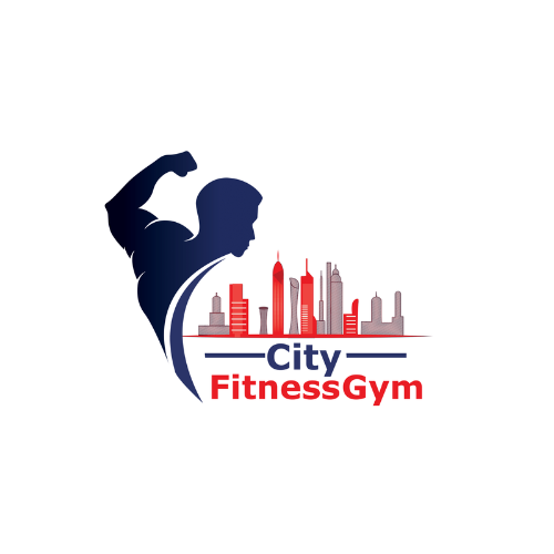 A logo featuring a silhouette of a muscular man flexing his arm, with a city skyline in the background, and the text 'City FitnessGym' below.