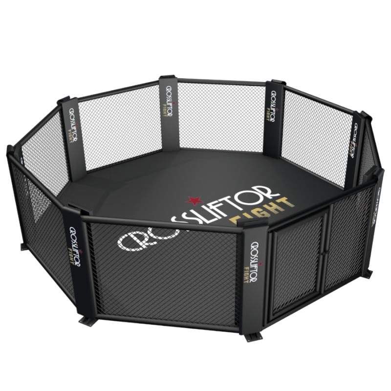 Octagon-shaped training MMA or fighting cage with mesh sides and a black base, labeled 'QXSLIFTOR FIGHT' with additional text and logo.