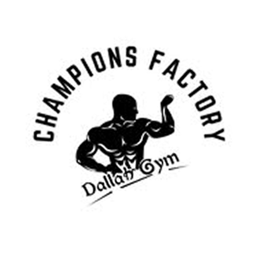 Logo of GH Champions Factory featuring a muscular man flexing his arm, with text 'GH Champions Factory' and 'Dallas Gym' around him.