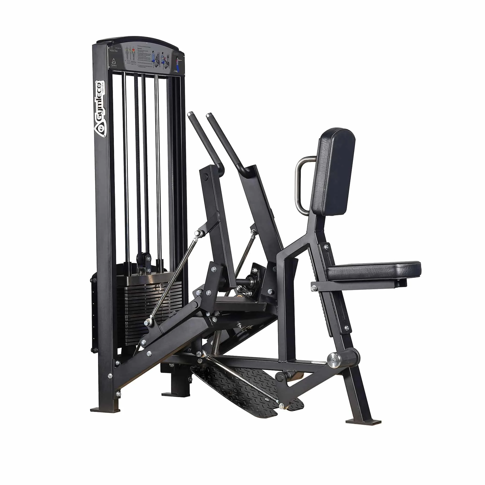 A black gym machine with pulleys, a seat, and a backrest designed for strength training.