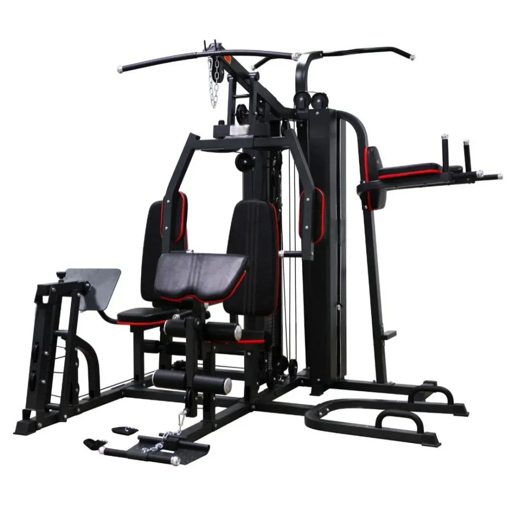 Multi-station home gym equipment with pull-up bar, weight stack, and various padded seats and supports for strength training exercises.