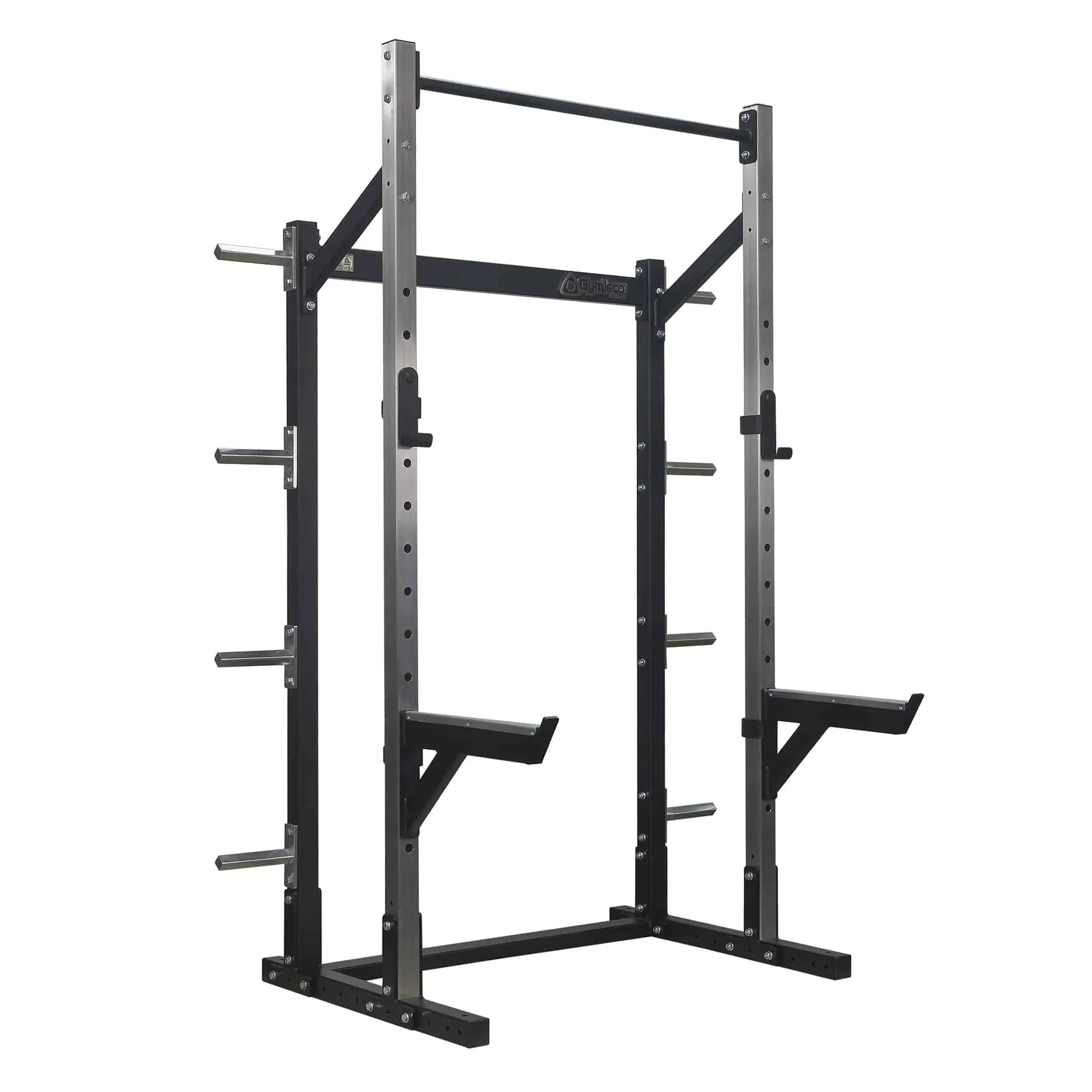 Black and gray multi-purpose power rack for strength training with adjustable supports.