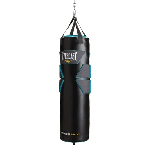 A black punching heavy bag with turquoise accents hanging from a chain.