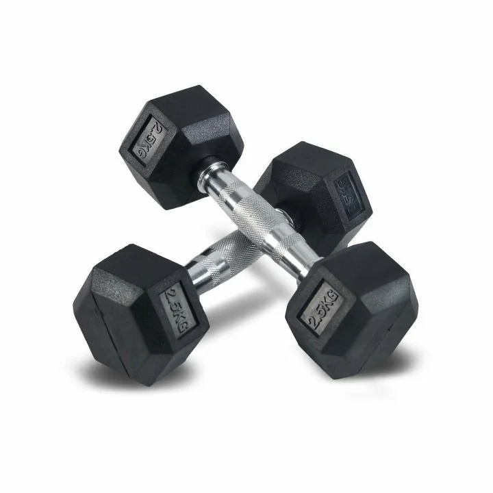 Pair of adjustable dumbbells with black hexagonal weights and silver textured handles.