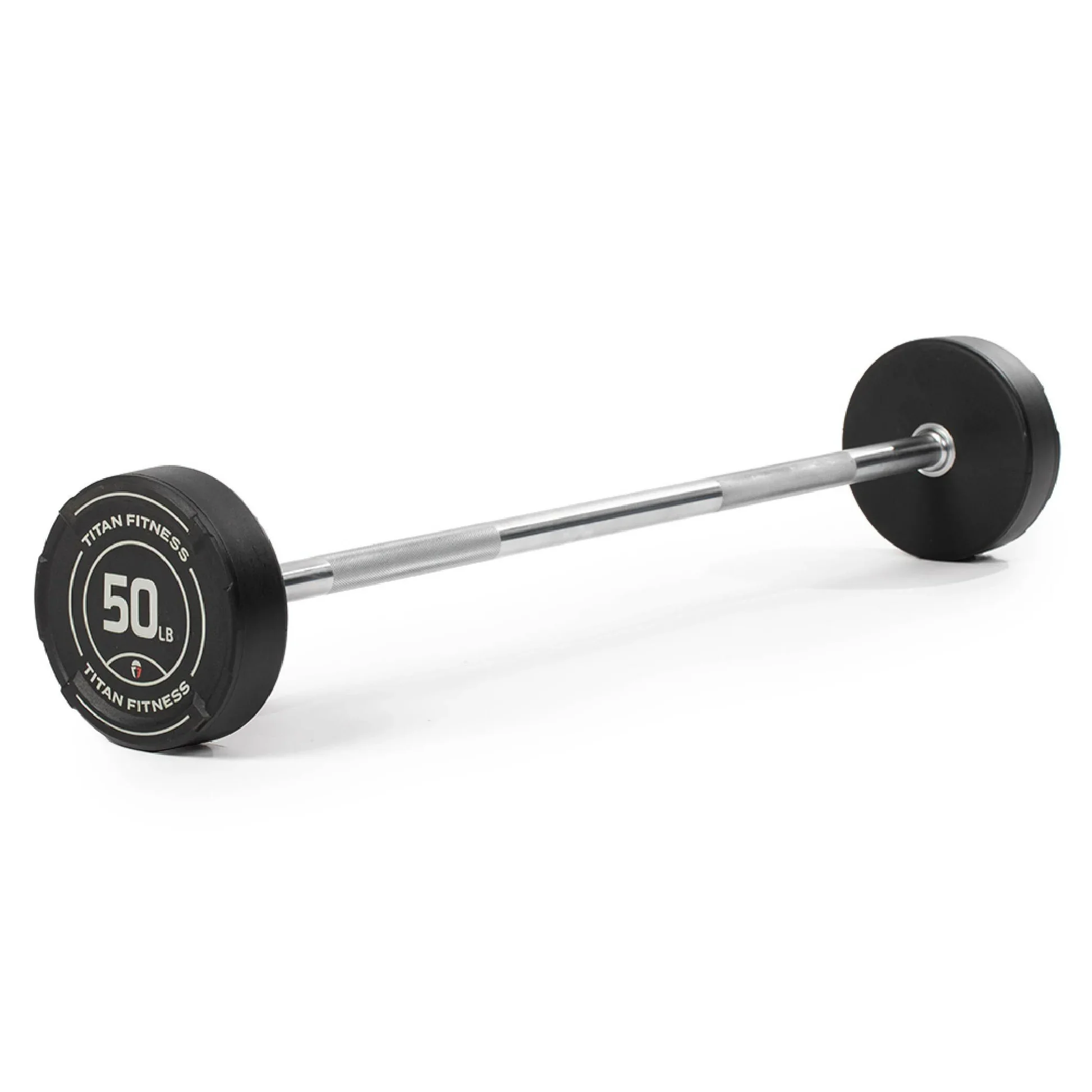 A 50-pound weightlifting barbell with black weight plates on each end, labeled 'Titan Fitness 50 LB'.