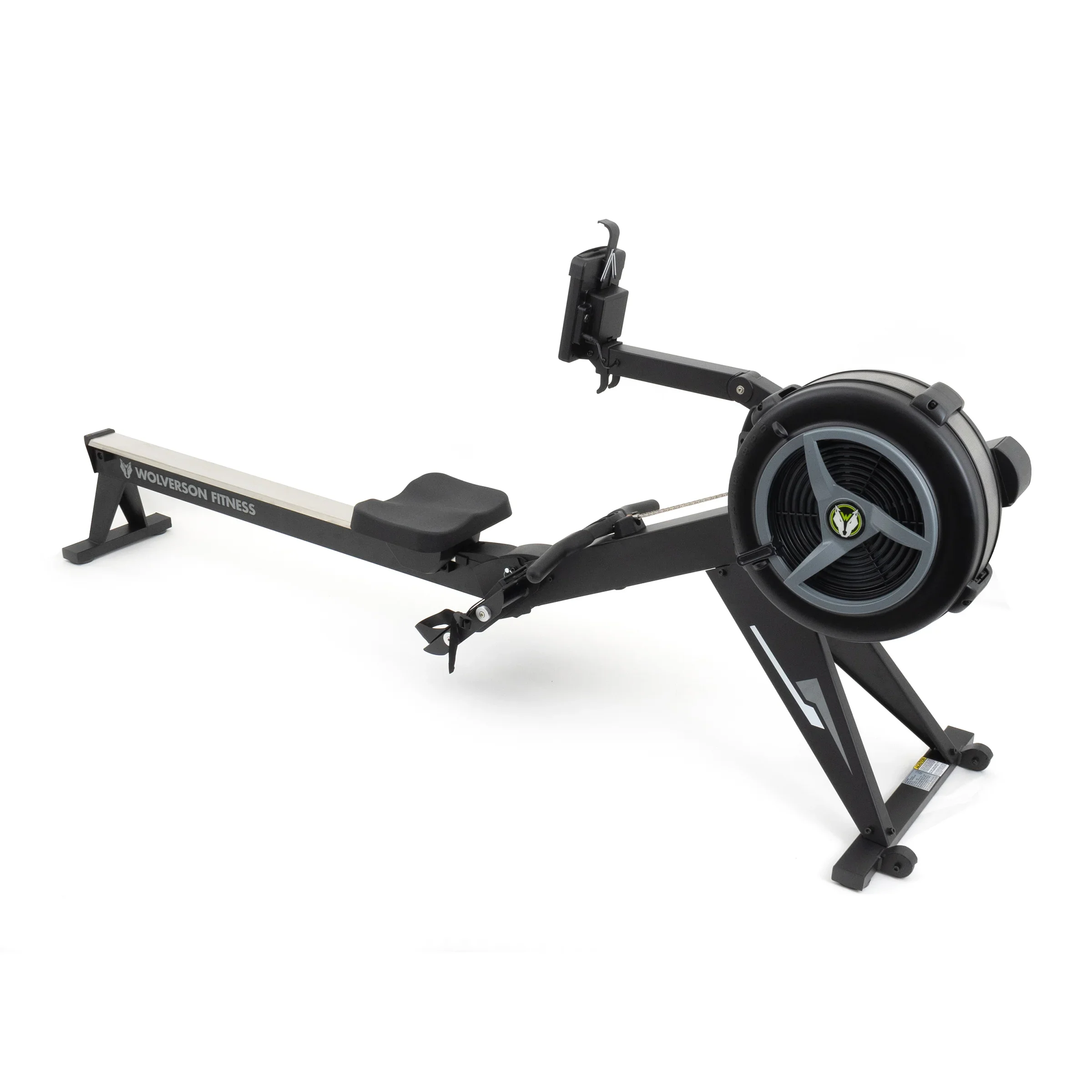 A black rowing machine with a compact design, a padded seat, and adjustable footplates, branded 'Wolverston Fitness', placed on a plain white background.