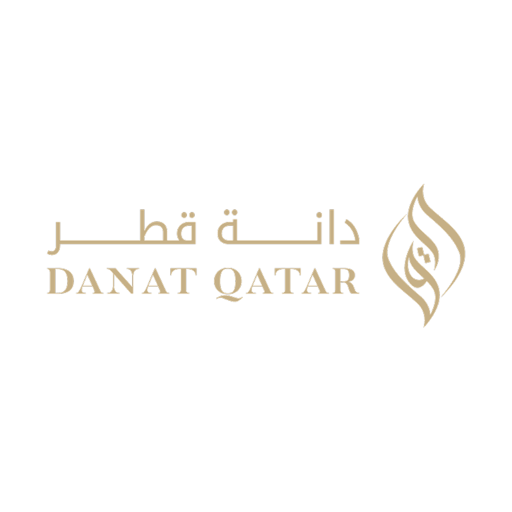 Logo for Danat Qatar, featuring Arabic and English text along with a stylized flame design.