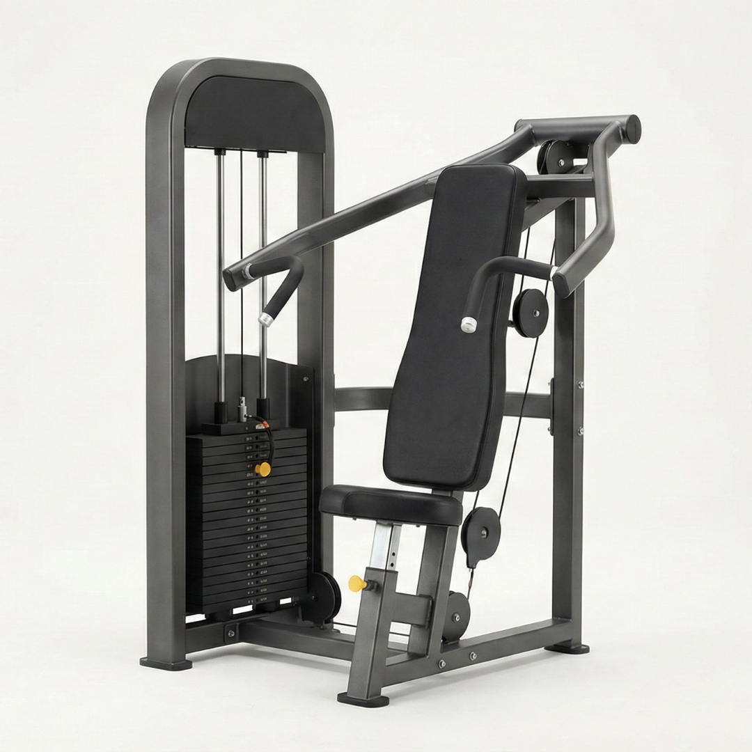 A black and gray gym machine with a padded seat and backrest, featuring multiple weights and handles for exercise.
