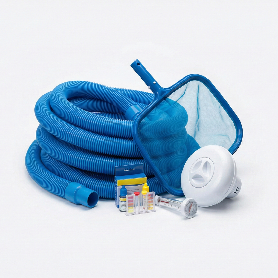 A blue flexible hose coiled up, with a face mask, a thermometer, and small bottles of test chemicals in front, against a white background.