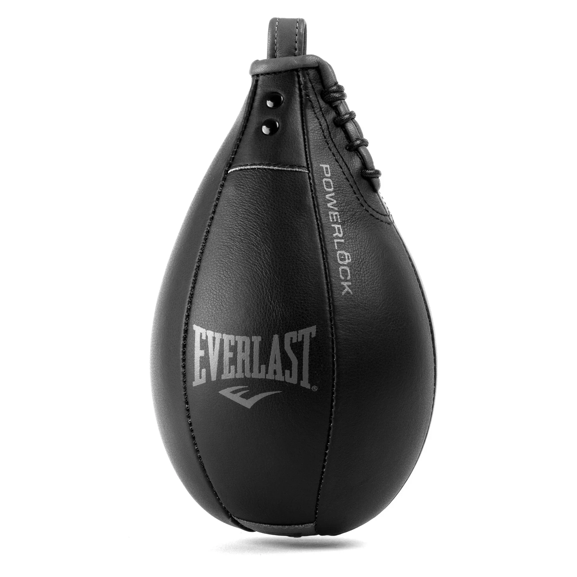 A black Everlast speed bag with branding and laces, used for boxing training, against a white background.
