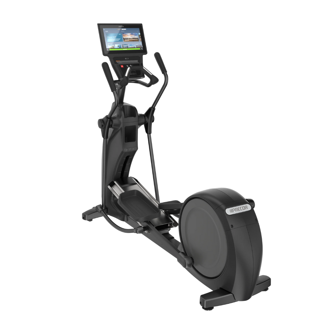 Black elliptical exercise machine with digital display screen and handrails.