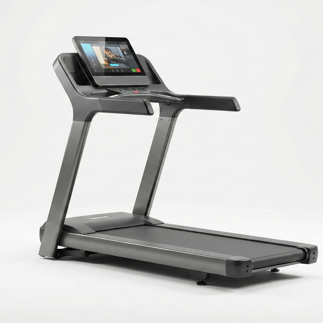 A modern treadmill with a touchscreen console for exercise tracking and entertainment.