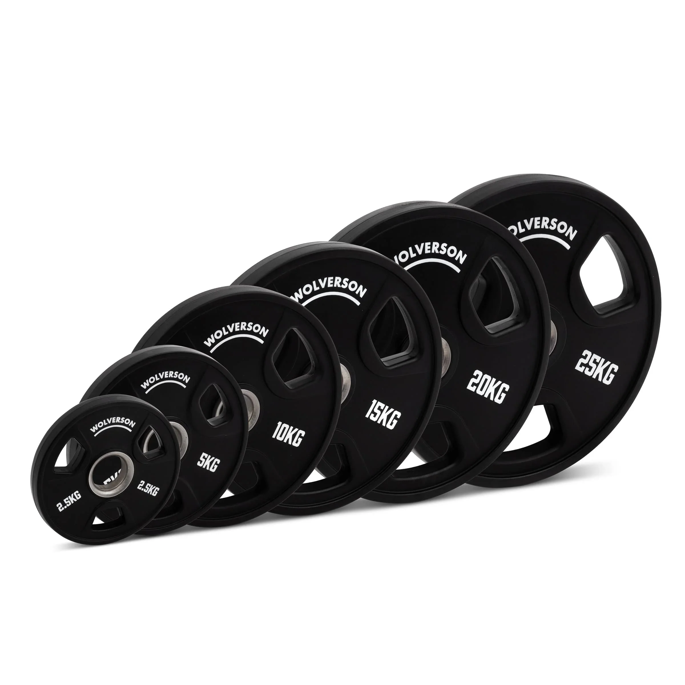 Set of five black weight plates with white lettering, ranging from 2.5kg to 25kg, arranged in increasing size.