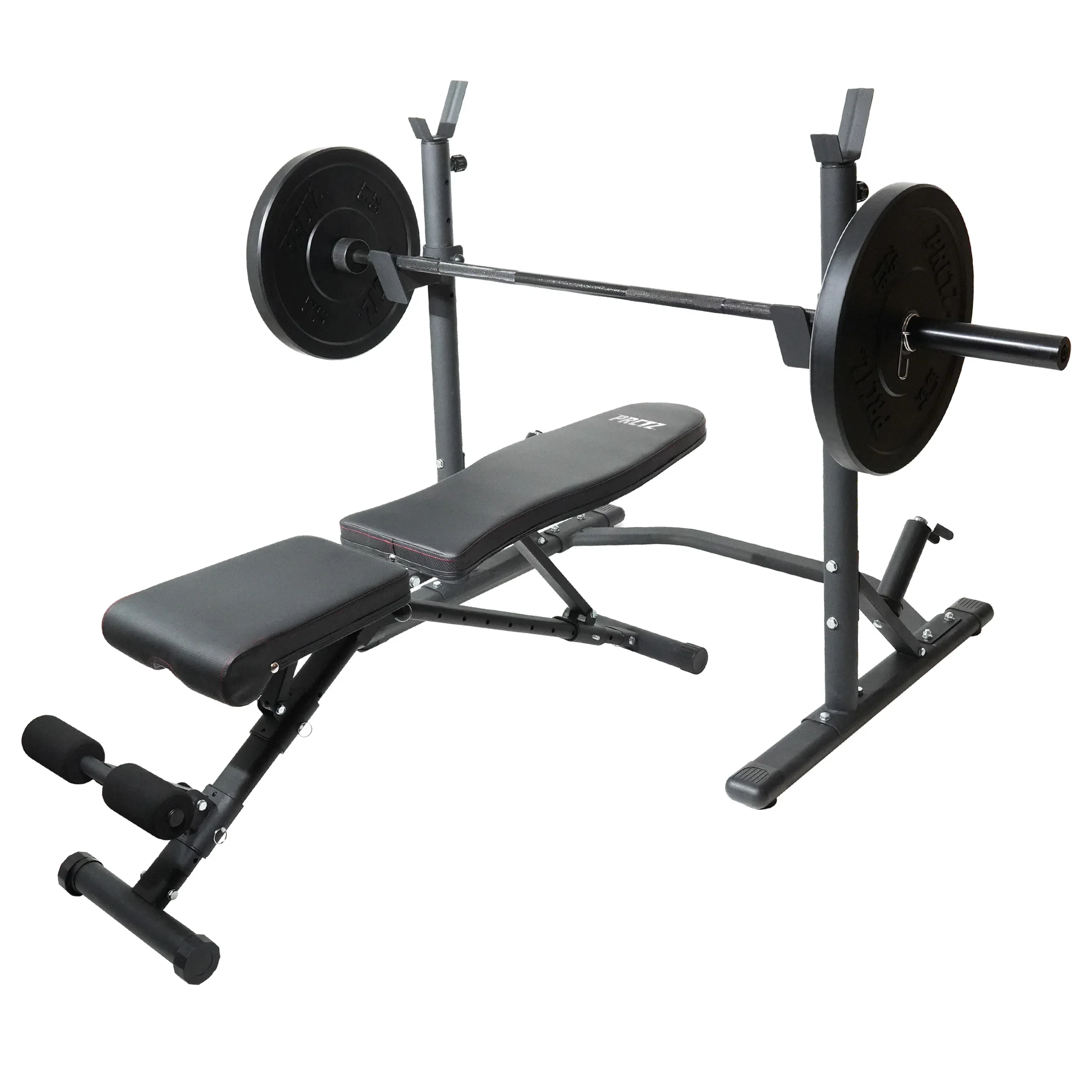 A black adjustable weight bench with a barbell and weight plates for weightlifting exercises.