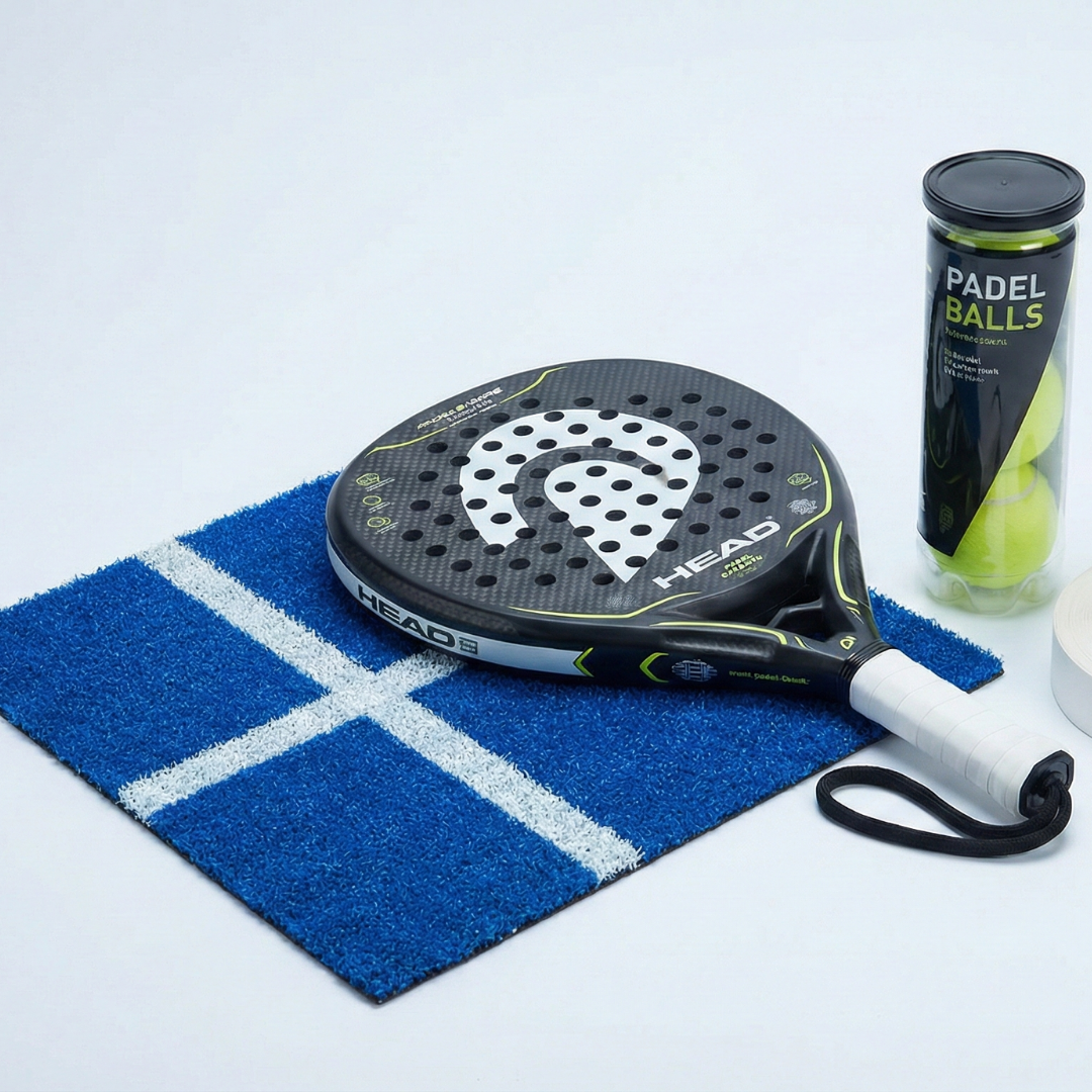 Padel racket on a blue and white court mat, with a container of yellow padel balls nearby.