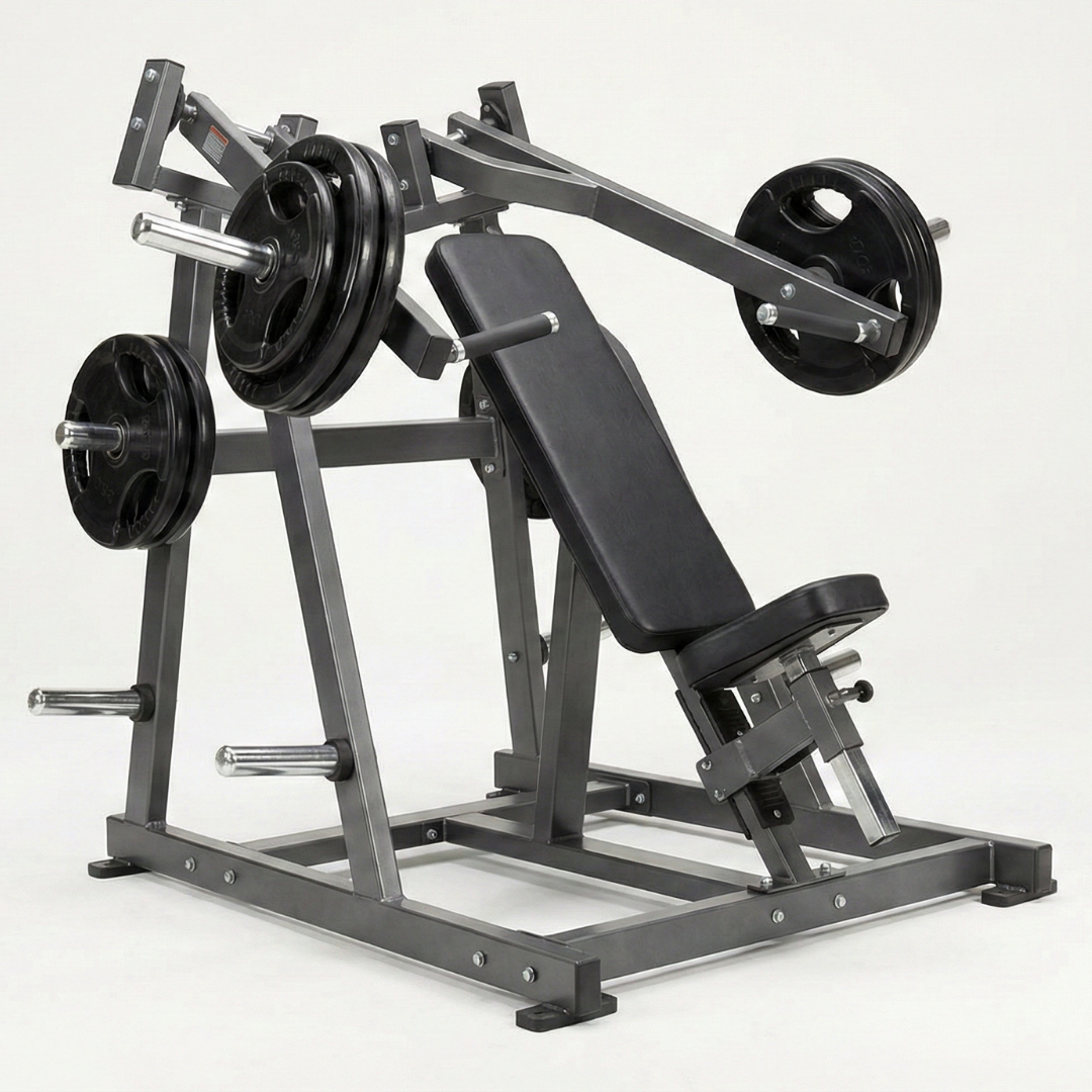 A weightlifting machine designed for leg presses, with a black padded seat and weight plates loaded on the sides.