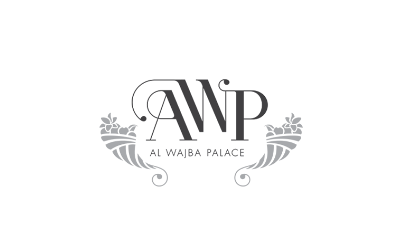 Logo for Al Wajba Palace featuring stylized initials 'A W P' with decorative floral and scroll elements.