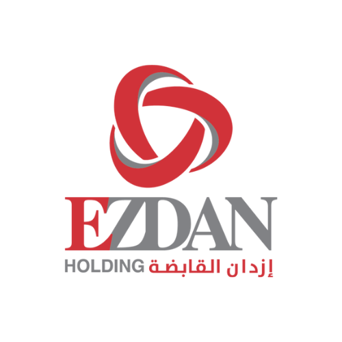 Logo of E Z DAN Holding with a red and gray abstract symbol above the name and Arabic text below.