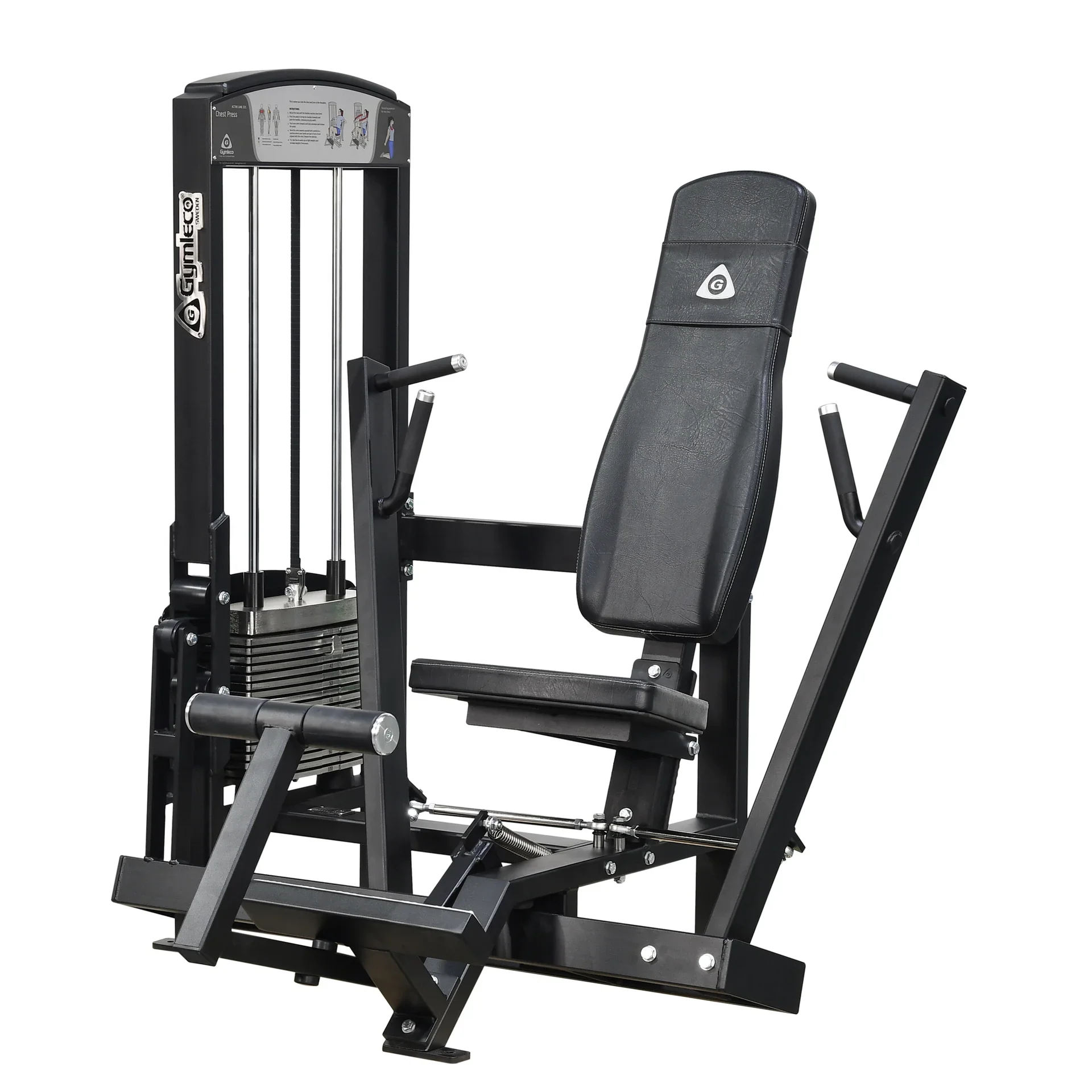 Gym machine with black padded seat and backrest for strength training exercises.