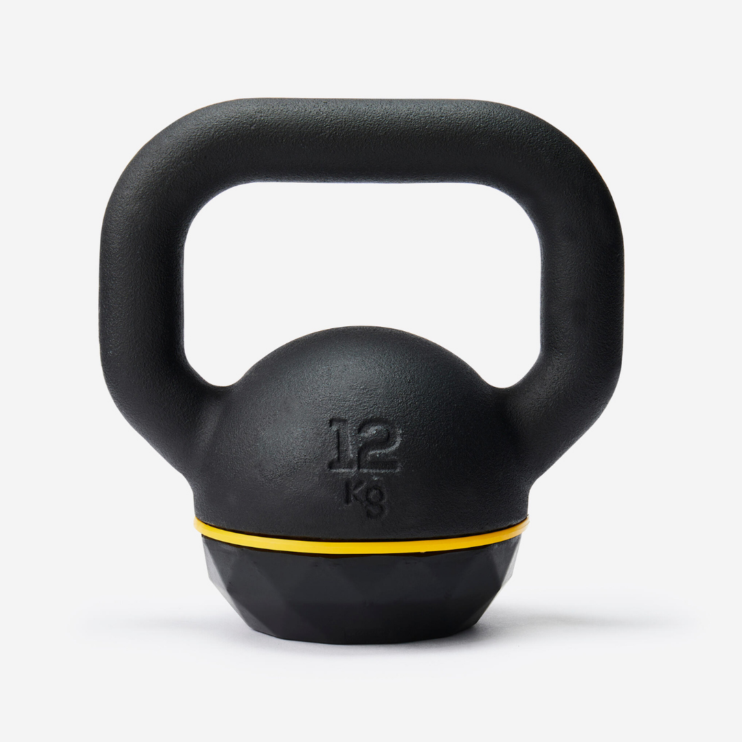 Black kettlebell with yellow accent, marked with weight 12 kg