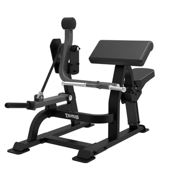 Black and grey gym rowing machine with padded seat and handle, labeled Taurus.